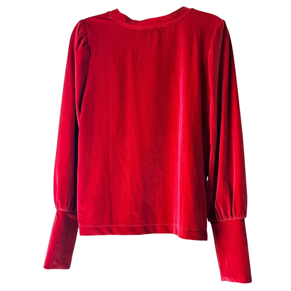 LOFT Red Velvet Puff Long Sleeve Blouse Crew Neck Holiday Party Romantic Sz M - Picture 2 of 5